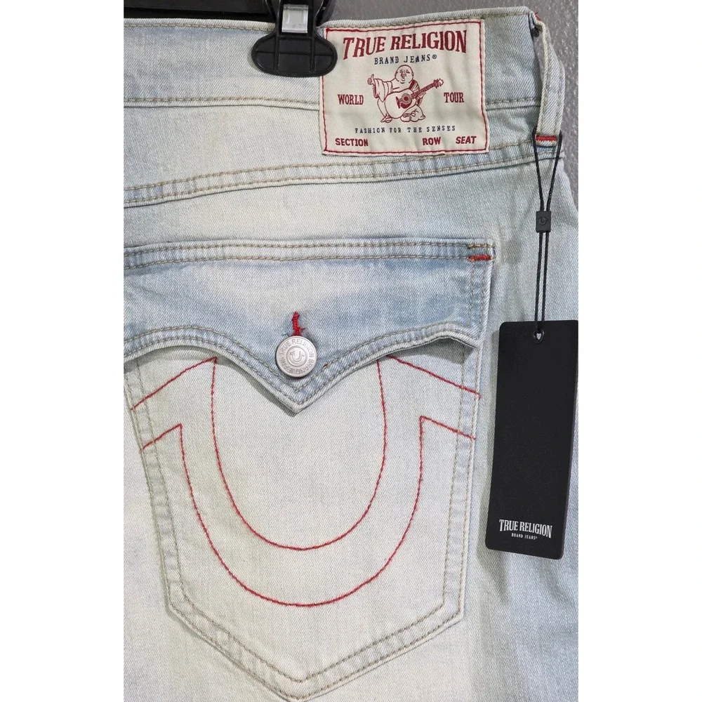 True Religion Ricky Relaxed Straight Denim Shorts Mens 40 Light Blue  Red Stitch